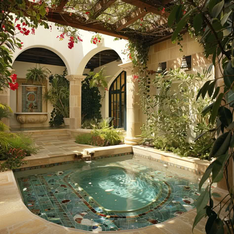 secluded mediterranean bathroom courtyard tiled fountain lush bougainvillea olive trees jasmine vines arched entries indoor tiled floors Mediterranean House Bathroom, Mediterranean Coastal Home, Coastal Houses Interior, Mediterranean Tiles Bathroom, Modern Spanish Bathroom Ideas, Mediterranean Aesthetic Interior, Pool Inside House, Earthy Rooms, Cool Showers