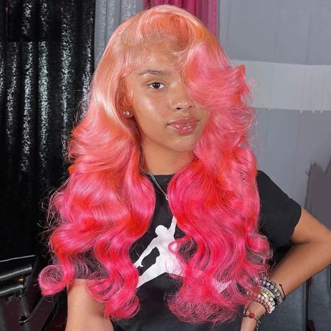 This Body Wave Hair Glueless Lace Frontal Wig offers a soft and natural look with luscious body wave hair and a stunning rose pink ombre color. Perfect for any occasion, you'll be sure to stand out with this barbie pink wig. Product Details Brand: Ishow Hair Hair Material: human hair from one donor Hair Color: Ombre Rose Pink Color Texture: Body Wave Length:8-32 Inch Available Density: 150%/180%/200% Hairline: pre-plucked Can Be Dyed: yes, please dye into professional way. Straps: adjustable Cir Rose Pink Hair, Indian Hair Color, Barbie Hairstyle, Light Pink Hair, Birthday Hairstyles, Pink Wig, Deep Wave Hairstyles, Beautiful Hairstyles, Hair Color Pink