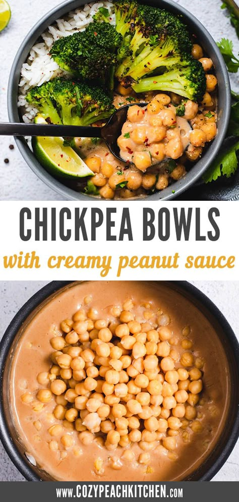 Peanut Sauce Chickpeas, Peanut Chickpea Bowl, Peanut Chickpea, Chickpea And Broccoli, Chickpeas And Broccoli, Tofu Broccoli Peanut Sauce, Broccoli Bowls, Peanut Sauce Tofu, Chickpea Bowls