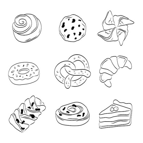 Vector hand drawn outline pastry bakery ... | Premium Vector #Freepik #vector #black #line #breakfast #food Food Clip Art Black And White, Baked Goods Illustration, Pastry Sketch, Food Illustration Art Graphics, Baking Drawings, Pastries Illustration, Pastry Drawing, Pastry Tattoo, Food Line Art