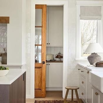 Kitchen Pantry with Vintage Pocket Door - Transitional - Kitchen Shed Airbnb, Pocket Door Pantry, All Seasons Room, French Country Doors, Doors For Kitchen, Stairs And Hallway Ideas, Antique French Doors, Wood French Doors, Pantry Inspiration