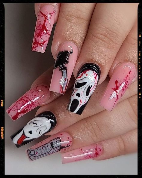 55+ Halloween Acrylic Nails for the Perfect Spooky Manicure | Halloween Nails 2023 Halloween Nails Killers, Scary Movie Nail Art, Halloween Nails Scary Movie, Scary Nails Designs, Saw Halloween Nails, Scary Nails Acrylic, Scary Clown Nails, Uñas Scary Movie, Jigsaw Nails Halloween