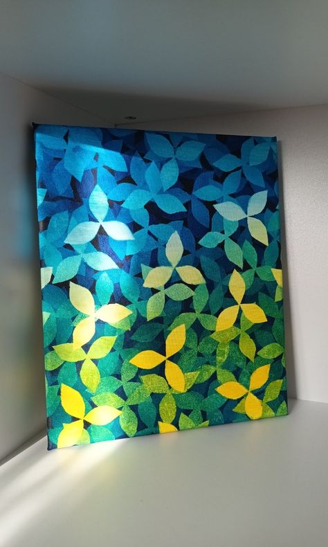 Hand painted negative leaf painting. Blues, yellows and greens. Negative Space Painting, Layered Painting, Layer Paint, Space Painting, Leaf Painting, Painted Leaves, Famous Art, Negative Space, Handmade Art