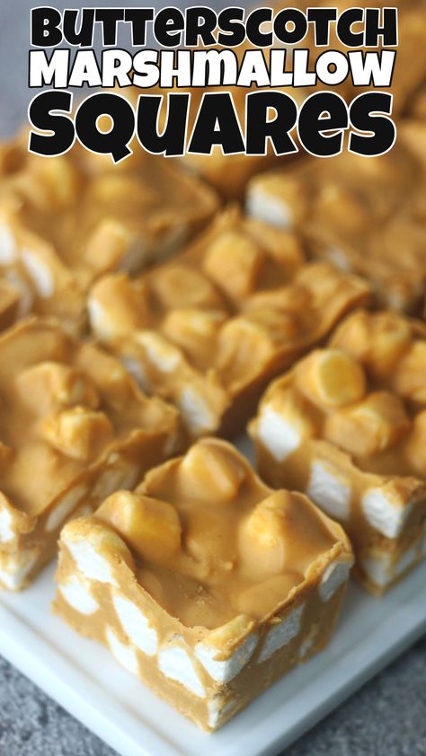 These retro Butterscotch Marshmallow Squares have a chewy, gooey texture that will remind you of your childhood. Featuring butterscotch and peanut butter flavours, mixed with fluffy marshmallows. These highly addictive 4 Ingredient squares are perfect for gift-giving, holiday parties, or anytime you want a super easy to make sweet treat. What To Make With Butterscotch Pudding, Butterscotch Dessert Dip, Treats Using Marshmallows, Butterscotch Marshmallow Squares, Peanut Butter Marshmallow Fudge, Butterscotch Marshmallow, Marshmallow Dessert Recipes, Marshmallow Treats Recipe, Peanut Butter Marshmallow Squares