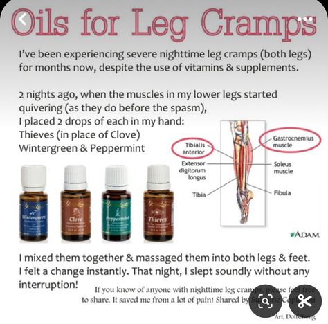 Essential Oils For Leg Cramps, Cramps Essential Oils, Essential Oils For Cramps, Nighttime Leg Cramps, Calf Cramps, Essential Oil Remedies, Leg Cramps, Oil Remedies, Essential Oil Uses