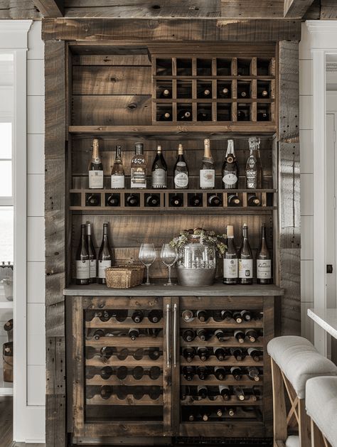 25 Rustic Decor Ideas for a Homely Vibe Farmhouse Wine Storage, Wine Bar In Living Room Ideas, Rustic Wine Room, Rustic Vogue, Wine Rack Inspiration, Vogue Decor, Unique Rustic Decor, Rustic Decor Ideas, Rustic Wine Rack