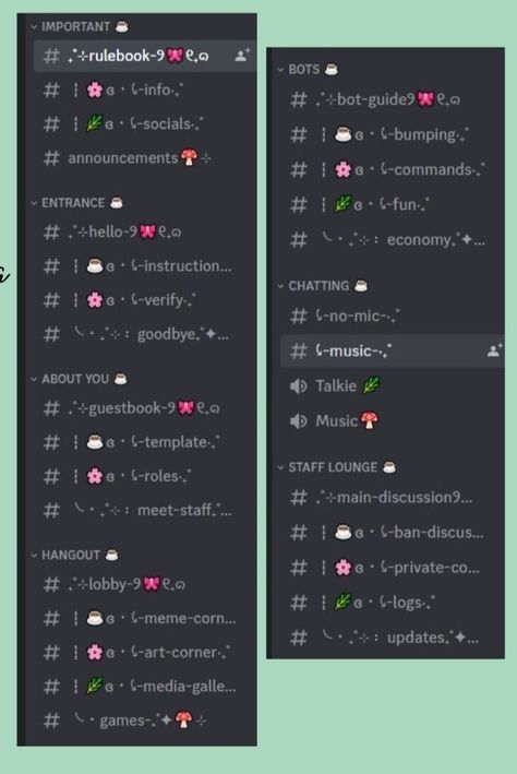 Cottage core discord template Mushrooms Nature Pink green Cottagecore aesthetic Discord server template Discord inspo, channel role ideas Free discord template How to make a discord Server Banners Discord, Discord Channel Layouts Aesthetic, Aesthetic Discord Display Names, Discord Chat Ideas, Discord Setup Ideas, Gaming Discord Server Ideas, Aesthetic Discord Profile Layout, Free Discord Server Template, Cottagecore Discord Server