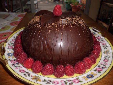 Chocolate Dome cake-from Michel Richard-http://to.pbs.org/O7RPO7 Raspberry Sauce Recipe, Dome Cake, Chocolate Dome, Cake Recipes At Home, Best Cake Ever, French Baking, Chocolate Cake Cookies, Chocolate Cake Recipe Easy, Chocolate Icing