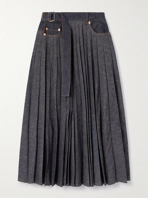 Sacai Belted Denim Pleated Midi Skirt In Blue | ModeSens Pleated Denim Skirt, Wrap Midi Skirt, Pleated Denim, Cinch Belt, Midi Denim, Denim Midi Skirt, Pleated Midi Skirt, Colored Denim, Sweater Coats