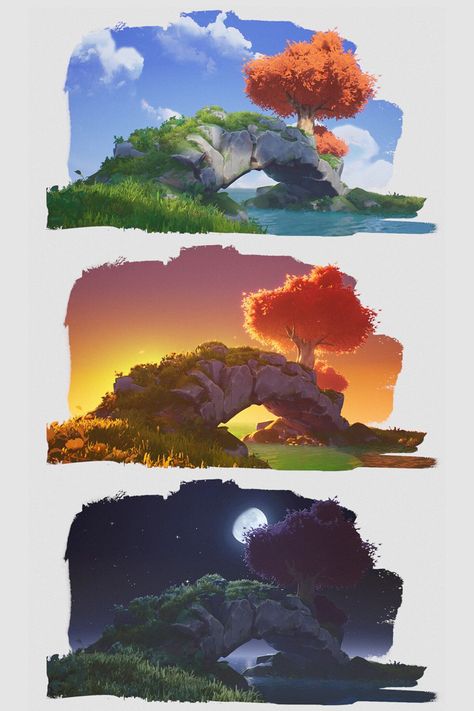 Stylized Landscape Art, Stylized Fantasy Environment, Stylised Environment Concept Art, Environment Digital Art, Light Study Reference Environment, Color And Light Study, Simple Environment Art, 3d Stylized Environment, Environment Concept Art Landscape