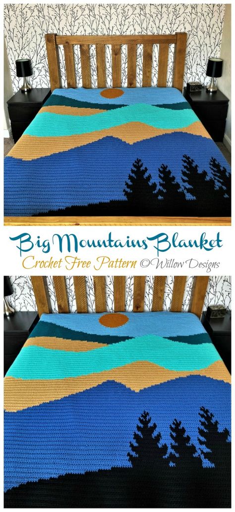 Big Mountains Blanket Crochet Free Pattern - Crochet & Knitting Mountain Crochet Blanket, Crochet Mountain, Crochet Borders For Blankets, Huge Crochet, Mountain Blanket, Motifs Afghans, Huge Blanket, Beau Crochet, Landscape Pattern