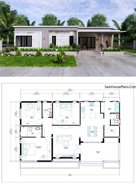 Luxury Ranch House Plans, Residential Plan, Flat Roof House Designs, Modern Bungalow House Plans, Terrace Roof, Small House Blueprints, One Story Modern House, Small Modern House Plans, Plan Modern House