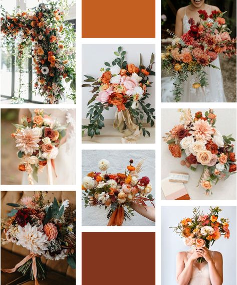 Wedding Flower Combinations, Terracotta Wedding Florals, Altar Flowers Wedding, October Wedding Colors, September Wedding Colors, Fall Wedding Color Schemes, Fall Wedding Color Palette, Forest Theme Wedding, Pagan Wedding