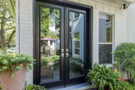 Sliding vs French Patio Doors Double Glass Doors Exterior, French Doors On Garage, Sliding Front Door Ideas, Glass French Doors Exterior, Patio Doors Ideas Farmhouse, Modern Glass Sliding Doors Patio, Patio With French Doors, Patio Slide Doors, Backyard Doors Ideas Patio