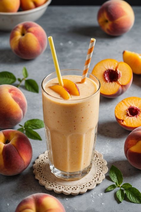 A photo of a  Classic Peach Smoothie which is a type of peach smoothies Spring Season Color Palette, Healthy Peach Smoothie, Season Color Palette, Peach Smoothie Recipes, Smoothies Breakfast, Breakfast Shakes, Peach Smoothie, Perfect Peach, Peach Juice