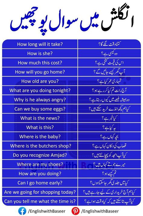 Daily Life Routine, Interrogative Sentences, English To Urdu Dictionary, Urdu Dictionary, Sentences In English, Questions In English, English To Urdu, Simple English Sentences, English Conversation Learning