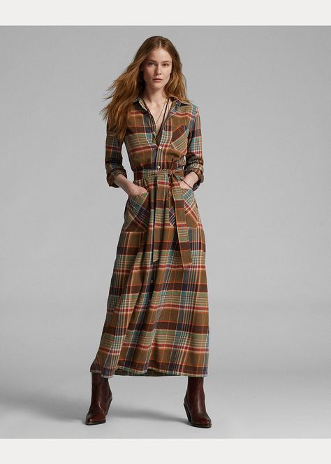 Belted Plaid Cotton Twill Shirtdress for Women | Ralph Lauren® UK Plaid Maxi Dress, Double Rl, Ralph Lauren Plaid, Vintage Fits, Winter Dress, Knitwear Dress, Shell Buttons, Shop Mens Clothing, Ralph Lauren Womens