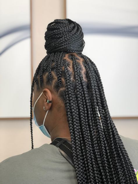 Half moon knotless braids Space Buns With Knotless Braids, Space Buns Knotless Braids, Medium Knotless Mid Back, Half Moon Parts Braids, Half Bun Half Down, Small Buttlength Knotless Braids, Half Bun, Knotless Braids, Professional Hairstyles