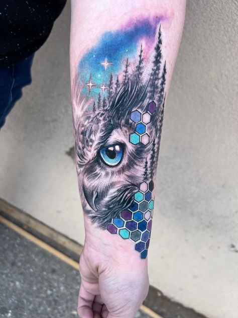 Abstract Owl Tattoo, Night Owl Tattoo, Watercolor Owl Tattoos, Snow Tattoo, Owl Tattoo, Santa Fe Nm, Tattoo Idea, Music Star, Stars And Moon