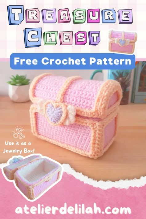 Crochet Floss Projects, Crochet Toy Box Patterns, Crochet Containers Patterns Free, Cricut Journal Ideas, Cute Crochet Pouch Free Pattern, Crochet Treasure Chest, Small Pink Crochet Projects, Crochet Gift Box Free Pattern, Crochet Drawer Organizer