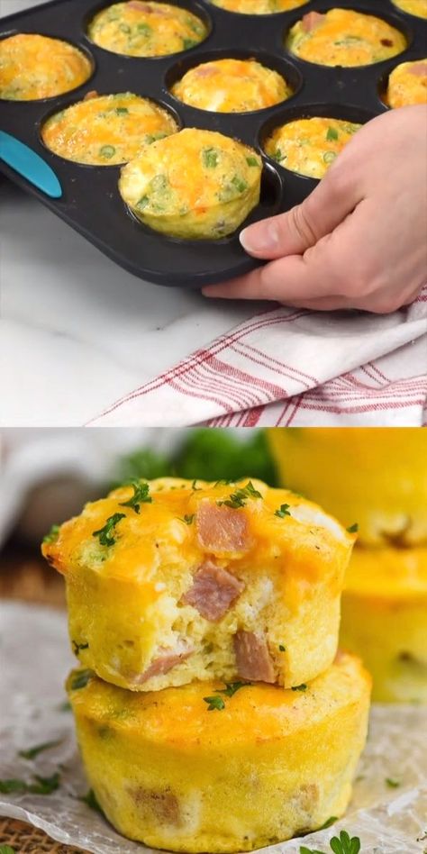 Divinos y faciles Ham And Cheese Egg Muffins, Muffin Tin Eggs, Breakfasts On The Go, Resep Makanan Beku, Best Egg Recipes, Breakfast Recipies, Eggs Breakfast, Breakfast Healthy, Egg Muffins