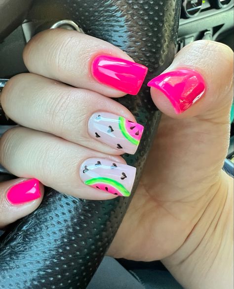 Hot Pink Watermelon Nails Acrylic Nails August 2023, Pink Watermelon Nails, August Nails 2023, Wrapped Pickles, Watermelon Nail Designs, Watermelon Nail Art, Time Nails, Fruit Nails, Summer Pedicure