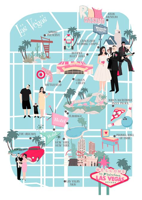 Las Vegas en Behance Save The Date Illustrations, Incredible Pizza, Casino Wedding, Flamingo Hotel, Things I Need, Illustrated Maps, Neon Museum, Map Illustration, Vintage Icons