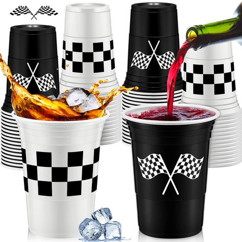 PRICES MAY VARY. Package Includes: the package contains 48 pieces of 16 oz black and white disposable beverage cups for black and white party supplies, including 24 pcs in black and 24 pcs in white, and they are printed with different patterns on both sides, to help bring more vibe to your birthday or anniversary party Novel Design: plastic cups for checkered flag party supplies are available in 2 designs, delicate black and white checkered decorative elements and racing flag pattern, can create Race Birthday Theme, Racing Baby Shower Theme, Biker Wedding Theme, Indy 500 Party, Race Car Party Decorations, Racing Birthday, Racing Party, Car Birthday Party, Racing Flag