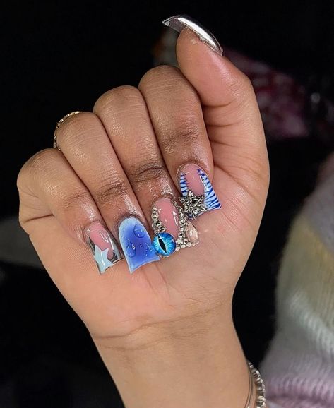 Royal Blue Duck Nails, Duck Junk Nails Short, Short Duck Nails Acrylic Y2k, Blue Duck Nails, Medium Duck Nails, French Tips With Charms, Nail Tech Designs, Short Medium Nails, Short Baddie Nails