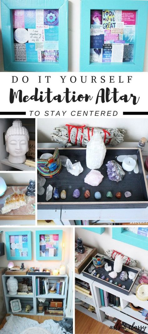 DIY Spiritual Meditation Altar For A Home Office | Arts and Classy Meditation Alter, Home Office Design On A Budget, Spiritual Altar, Meditation Corner, Zen Room, Meditation Altar, Spiritual Decor, Spiritual Meditation, Workspace Inspiration