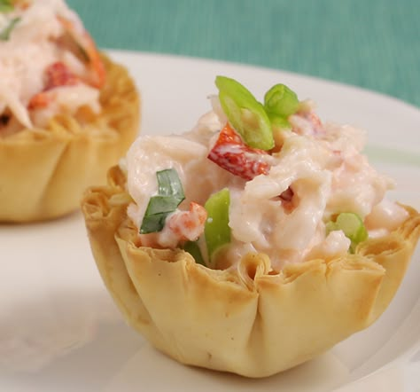 Lobster Roll Phyllo Bites Mini Lobster Rolls Appetizers, Lobster Bites Appetizers, Lobster Appetizers Appetizer Ideas, Party Food In Cups, Lobster Bites, Lobster Appetizers, Phyllo Bites, Cooked Lobster, Lobster Fest