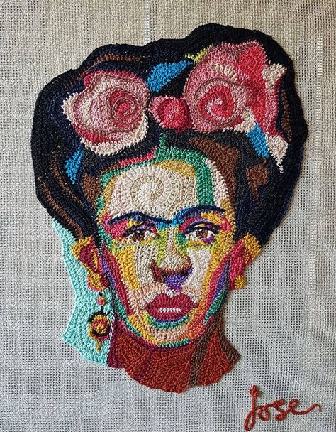 Amazing and inspiring work by crochet artist José Dammers for her show Painting With Yarn at Echt Studio. h/t The Anarchist Knitter Crochet Portrait, Knitted Art, Crochet Painting, World Art Day, Frida Art, Yarn Painting, Amazing Crochet, Crochet Faces, Knit Art