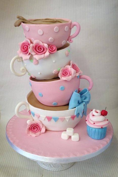 Balancing tea cups - by CAKE_by_laura @ CakesDecor.com - cake decorating website Teapot Cake, Tea Party Cake, Tea Cup Cake, Gateaux Cake, Topsy Turvy, Specialty Cakes, Novelty Cakes, Fancy Cakes, Fondant Cakes