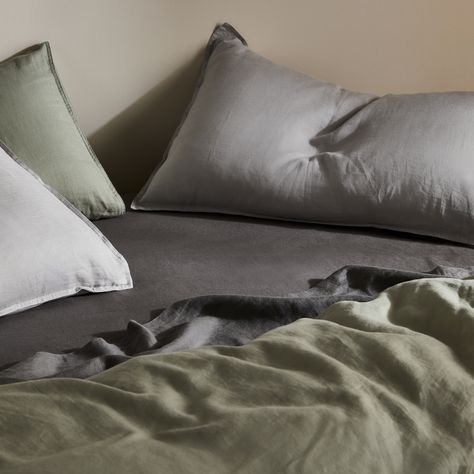 Mix And Match Bedding, Sheet Society, Bedsheets Ideas, Dark Grey Bedding, Sage Bedding, Dreamy Bedding, Uni House, Grey Bed Sheets, Sage Bedroom