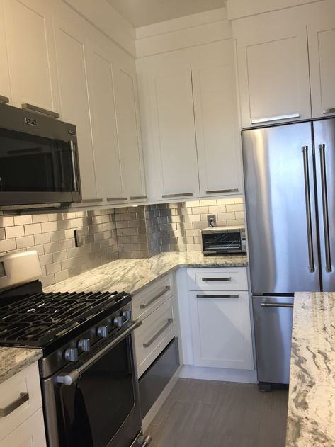 White Kitchens with Stainless Steel Backsplash - Transitional - Kitchen - New York - by Stainless Steel Tile | Houzz Stainless Steel Subway Tile, Stainless Steel Kitchen Backsplash, Stainless Steel Tile Backsplash, Stainless Steel Backsplash, Steel Backsplash, Mom Kitchen, Stainless Steel Tile, Kitchen New York, Artisan Tiles