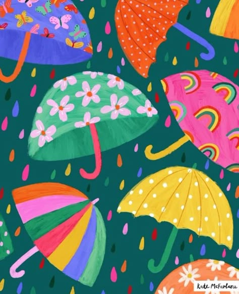 Spring Art Prints, Happy Illustration Art, Kate Mcfarlane, Two Color Pattern, Umbrella Pattern, Umbrella Illustration, Colourful Patterns, Colour Drawing, Colorful Art Prints