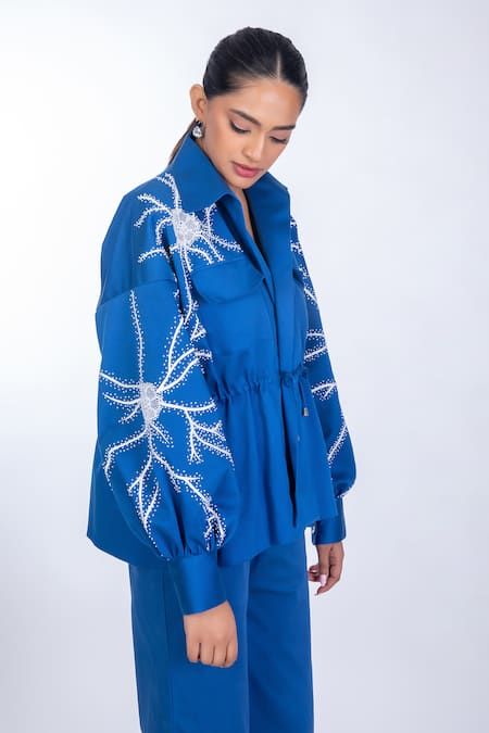 Buy Blue Cotton Satin Placement Embroidery Floral Collared Neck Ocean Top For Women by World of Ra Online at Aza Fashions. Blue Jacket Style, Cotton Gin, Placement Embroidery, Greek Symbol, French Knots, Matching Pants, Embroidered Top, Free Spirit, Aza Fashion