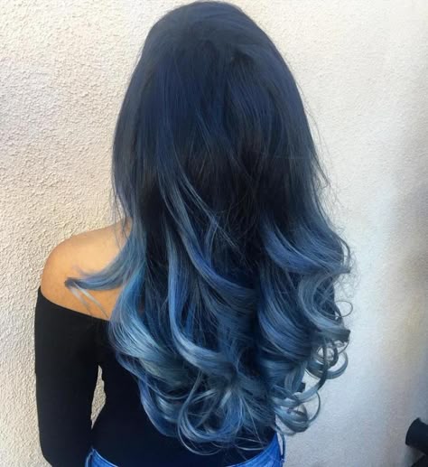 Long Black To Pastel Blue Ombre Hair Blue Ombre Hair Medium Length, Shades Of Blue Hair Color, Blue Balayage, Crazy Colour Hair Dye, Makeover Hair, Longer Pixie, Grad Hair, Navy Blue Hair, Blue Ombre Hair