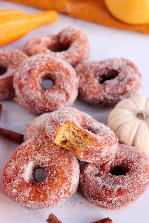 PUMPKIN DONUTS - Julia Recipes Pumpkin Donuts Recipe, Homemade Donuts Recipe, Baked Donut Recipes, Cinnamon Sugar Donuts, Biscuit Dough, Dough Recipes, Pumpkin Recipes Dessert, Homemade Donuts, Doughnut Recipe