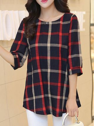 Red Half Sleeve A-line Plaid Blouse Trendy Toddler Girl Clothes, Short Kurti Designs, Sleeveless Blouse Saree, Top Clothing Brands, Evening Dresses Uk, 1950s Fashion Dresses, Gold Evening Dresses, Sleeveless Blazer, Plaid Blouse