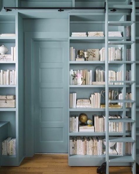 Door For Small Space, Dix Blue, Tall Shelves, Interior Vintage, Bedroom Walls, Built In Bookcase, Design Seeds, Book Storage, Space Decor