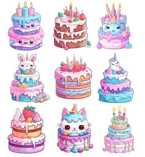 Discover The Best Professional Services in Graphic Design, Digital Marketing, Animation, Writing, and More Kawaii Birthday Cake Drawing, Kawaii Cake Drawings, Cute Birthday Cake Drawing, Stickers Design Ideas, Birthday Cake Drawing, Birthday Cake Png, Watercolor Kawaii, Candy Illustration, Birthday Cake Illustration