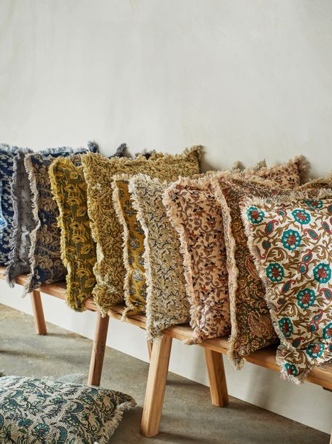 A row of colourful cushions in different patterns inspired by traditional Indian blockprint Madam Stoltz, Accessories Fabric, Ideas Room Decor, Vintage Sewing Machines, Ideas Room, Fall Fabric, 2023 Collection, Sewing Machines, New Print