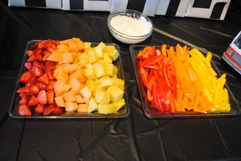 strawberries, cantaloupe & pineapple (change cantaloupe to orange slices) + red, orange and yellow peppers Fireman Sam Birthday Party, Winter Wonderland-party, Fire Engine Party, Ice Party, Fireman Party, Firetruck Birthday Party, Fire Truck Party, Fireman Birthday, Firefighter Party