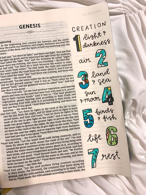 Bible Notes Ideas Genesis, Genesis Title Page, Important Verses In Genesis, Bible Doodles Genesis, Bible Doodling Genesis, Genesis 1:3 Bible Journaling, Bible Genesis Notes, Genesis 1:1 Bible Verse, Genesis Scripture Quotes