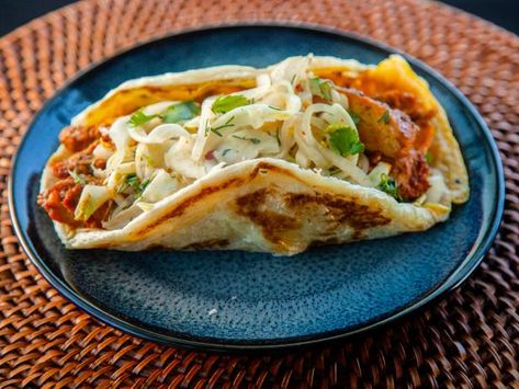 Get Bombay Frankie Recipe from Food Network Cake Parfait, Frankie Recipe, Lasagna Bolognese, Ranch Kitchen, Scallion Pancakes, Whole Wheat Tortillas, Fenugreek Leaves, White Balsamic Vinegar, Chaat Masala