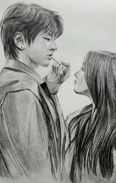 #kdrama #truebeaty #koreandrama #kdramalove #kpop #makeup Kdrama Drawing Pencil, Kdrama Sketches, Human Sketches, Kpop Makeup, Shorts Hair, Beauty Drawings, Couple Sketch, Color Drawing Art, Pencil Sketch Images