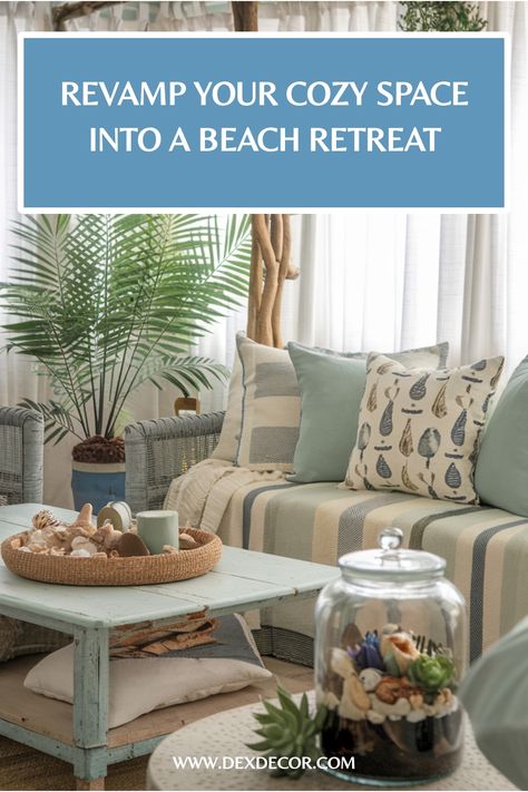 Coastal-themed living room with striped sofa, beach decor, and tropical plants. Beach Living Room Ideas, Beach Themed Living Room, Beach Apartment Decor, Themed Living Room, Beach Theme Living Room, Grey Couch Living Room, Beach Living Room, Seaside Living, Beach Haven