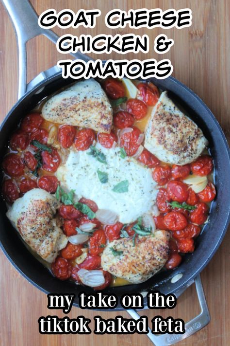 Chicken And Goat Cheese Recipe, Tiktok Feta Pasta, Goat Cheese Chicken, Chicken And Tomatoes, Pasta Tiktok, Tomato Pasta Bake, Chicken And Cheese Recipes, Goat Cheese Stuffed Chicken, Baked Goat Cheese