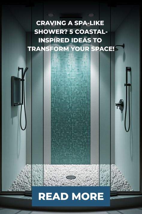 Spacious walk-in shower with pebble floor and blue-green mosaic wall Coastal Bathroom Design, Pebble Floor, Coastal Bathroom, Coastal Bathrooms, Fresh Color Palette, Modern Beach House, Coastal Retreat, Rainfall Shower, Coastal Design